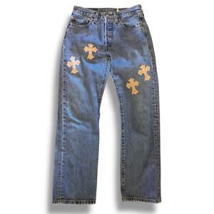 Vintage Levi's 501 " Chrome Hearts " patchwork crosses womens jeans 2000s 00s